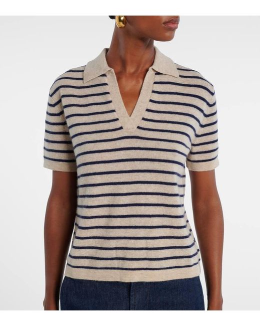 Velvet White Striped Cashmere Polo Sweater