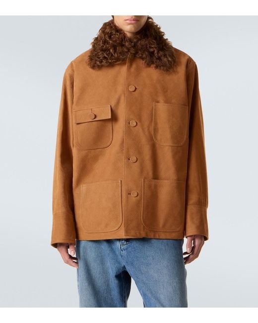 Plan C Brown Shearling-Trimmed Suede Field Jacket for men