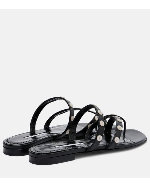 Manolo Blahnik Black Irafli Embellished Leather Thong Sandals