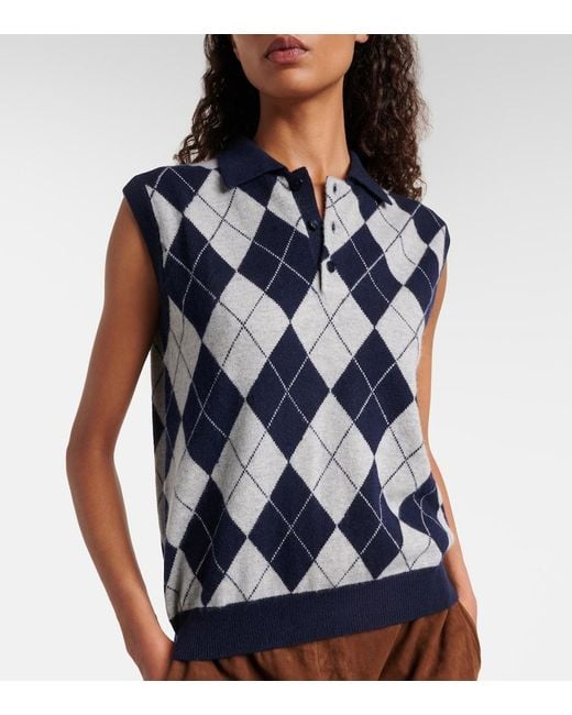 Lisa Yang Blue Riana Argyle Cashmere Sweater Vest