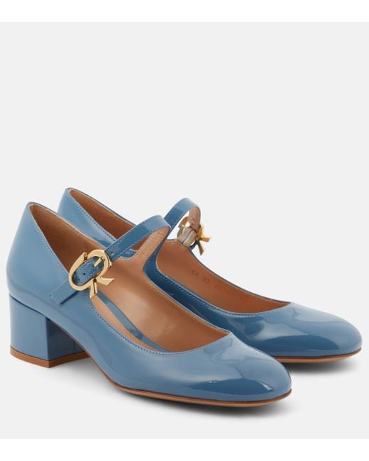 Gianvito Rossi Blue Mary Ribbon Patent Leather Mary Jane Pumps