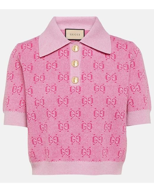 Gucci Pink GG Cropped Wool Jacquard Polo Shirt