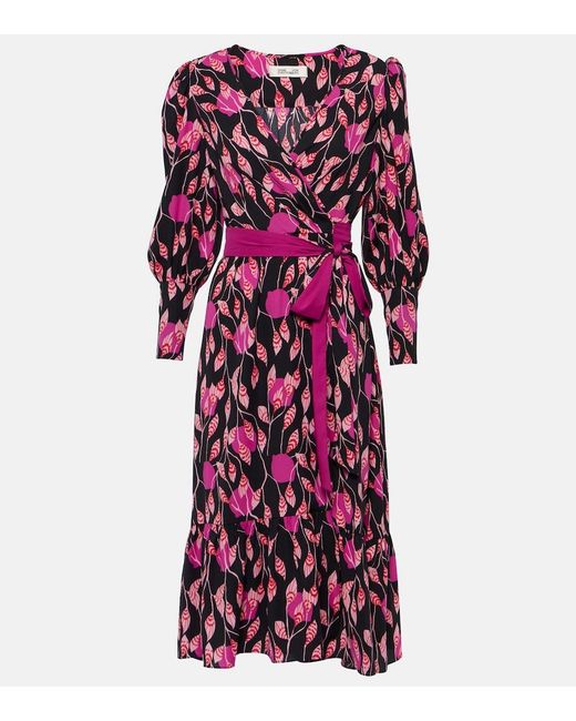 Diane von Furstenberg Purple Blade Printed Crepe Wrap Dress