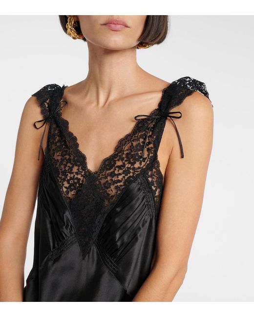 Saint Laurent Black Lace-Trimmed Silk Satin Slip Dress