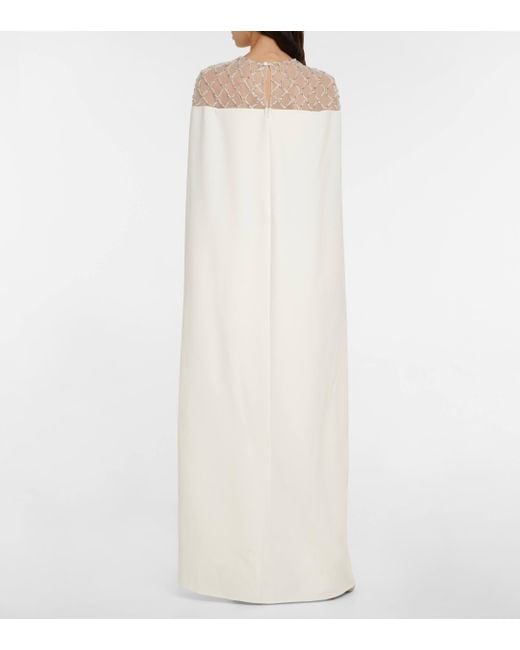 Safiyaa White Bridal Embellished Crepe Cape Gown