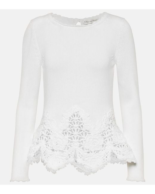 Oscar de la Renta White Lace-Trimmed Cotton Sweater