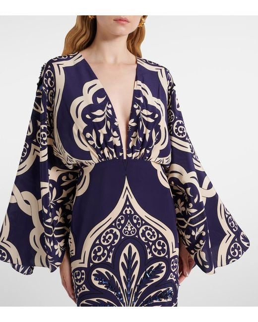 Johanna Ortiz Blue Sequined Printed Silk Maxi Dress
