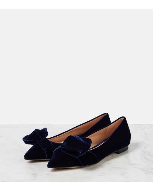 Gianvito Rossi Blue Bow-Detail Velvet Ballet Flats