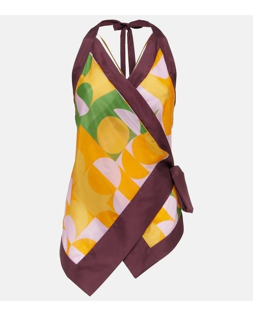 Dries Van Noten Yellow Printed Halterneck Silk Pongee Top
