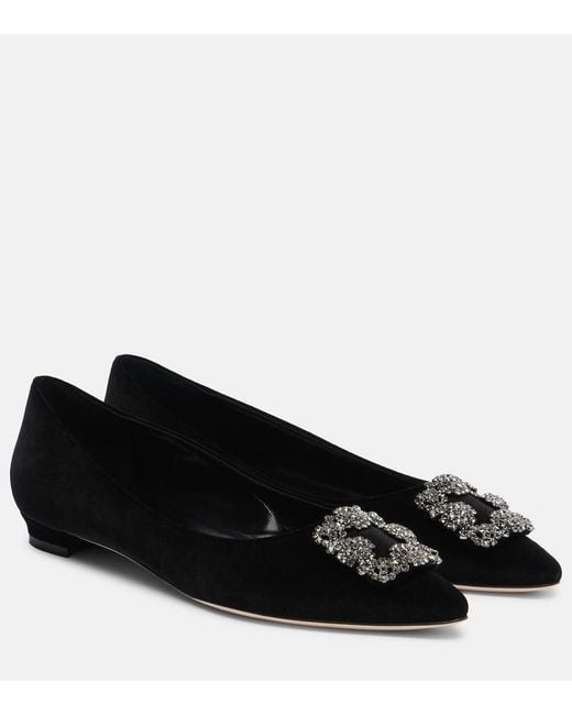 Manolo Blahnik Black Hangisi Embellished Velvet Ballet Flats