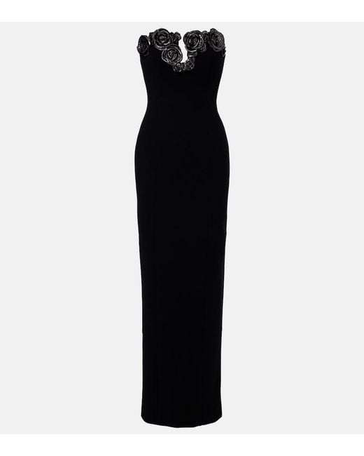 Rachel Gilbert Black Mirage Floral-Applique Bustier Gown