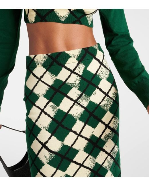 Burberry Green Checked Cotton Midi Skirt