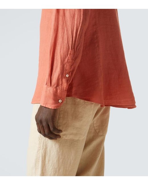 Fedeli Orange Linen Oxford Shirt for men