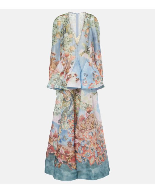 Zimmermann White Illustration Floral Linen And Silk Gown