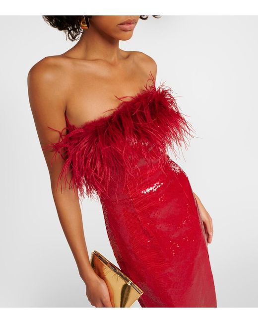 Rebecca Vallance Red Nika Sequined Feather-Trimmed Gown