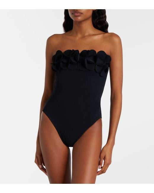 Karla Colletto Black Tess Floral-Applique Swimsuit
