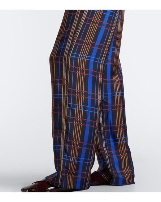 Asceno Blue Aurelia Plaid Silk Twill Wide-Leg Pants