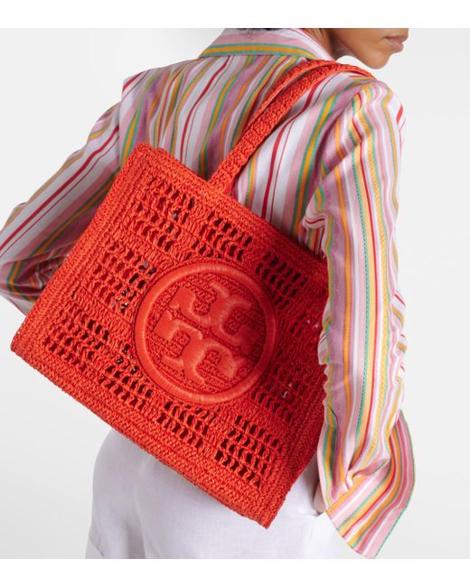 Tory Burch Red Ella Small Crochet Raffia Tote Bag