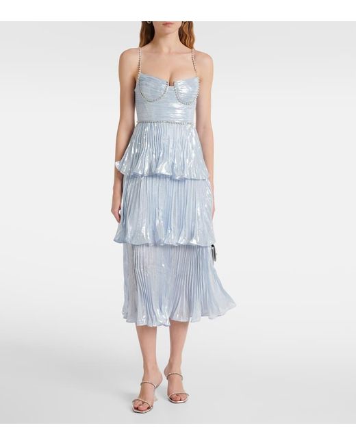 Self-Portrait Blue Feather-Trimmed Silk-Blend Chiffon Gown