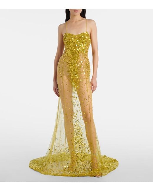 The Attico Yellow Sequined Sheer Mesh Gown