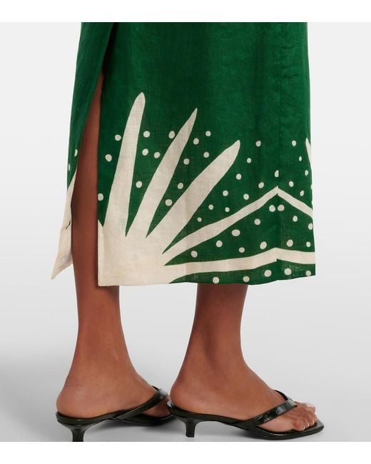 Cala De La Cruz Green Bruna Printed Linen Midi Skirt