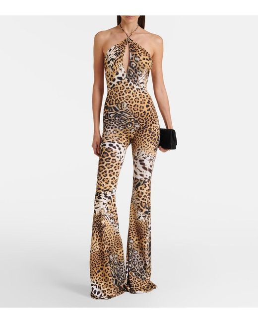 Roberto Cavalli Metallic Jaguar-Print Cutout Jersey Jumpsuit