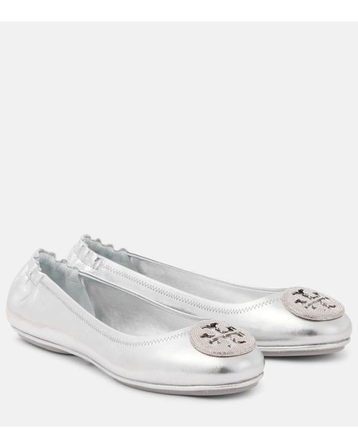 Tory Burch White Ballerinas Minnie Aus Metallic-Leder