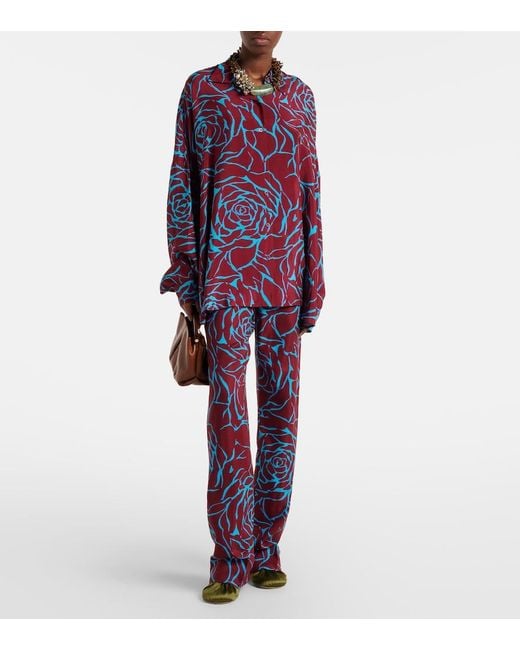 Dries Van Noten Red Printed Oversized Satin Shirt