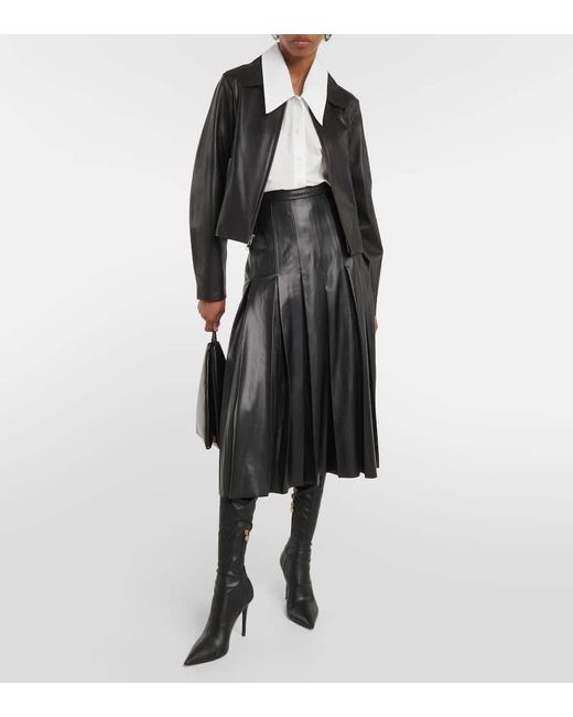 Veronica Beard Black Herson Pleated Faux Leather Midi Skirt