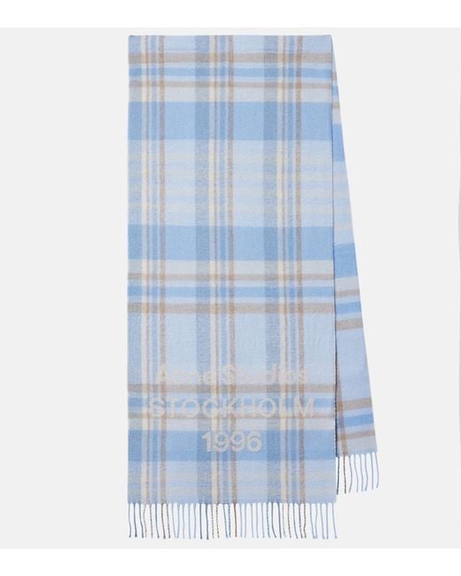Acne Blue Logo Checked Wool Scarf