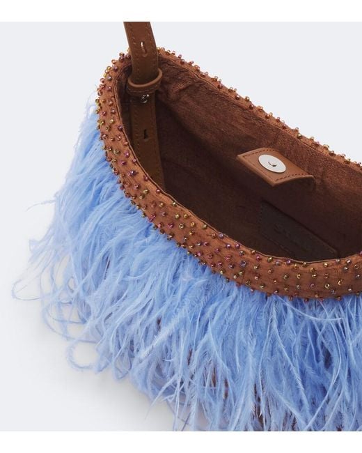 Staud Blue Winslow Feather-Trimmed Shoulder Bag