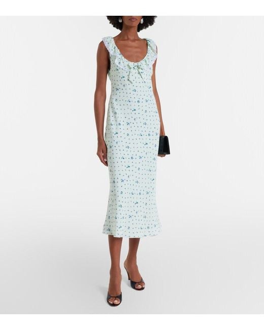 Alessandra Rich White Lace-Trimmed Floral Silk Midi Dress