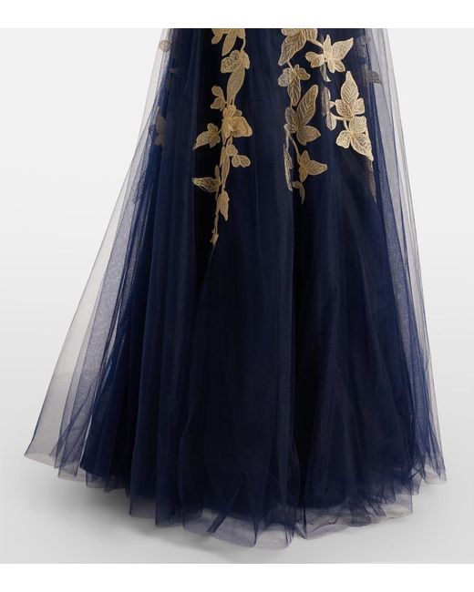 Costarellos Blue Arcangela Applique Tulle Gown