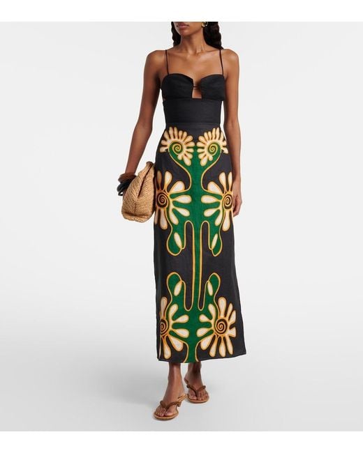Cala De La Cruz Green Celina Printed Linen Midi Skirt