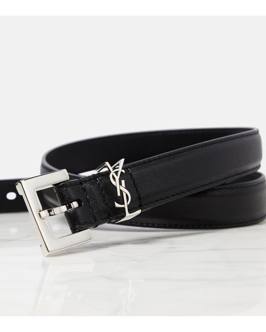 Saint Laurent Black Cassandre Thin Belt With Square Buckle In Grain De Poudre-embossed Leather