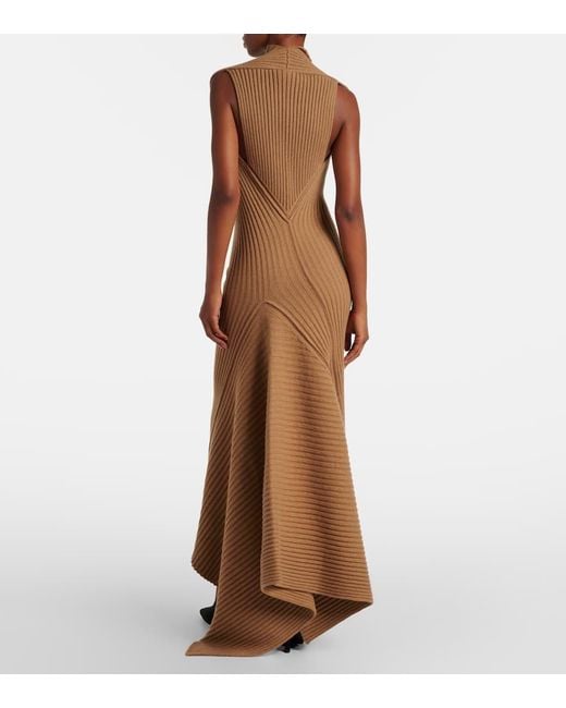 Victoria Beckham Brown Draped Ribbed-Knit Wool-Blend Midi Dress