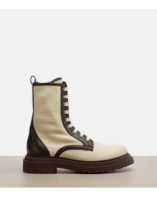 Brunello Cucinelli Natural Leather-Trimmed Lace-Up Boots