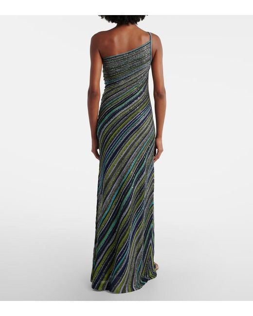 Missoni Green Sequined One-Shoulder Lame Maxi Dress