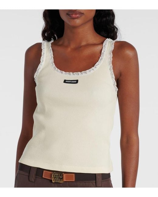 Tank Top De Algodon Con Encaje Miu Miu de color White
