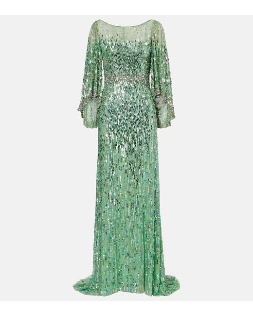 Jenny Packham Green Ines Embellished Sequined Gown