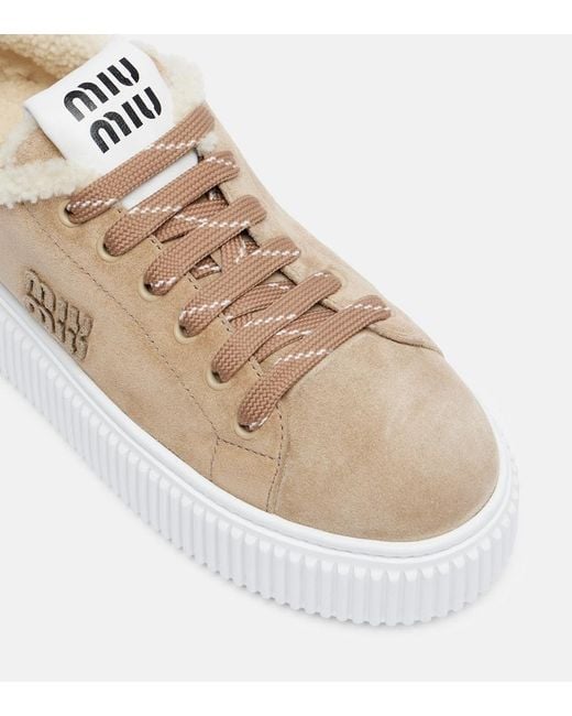 Miu Miu Natural Plateau-Sneakers Aus Veloursleder Mit Shearling