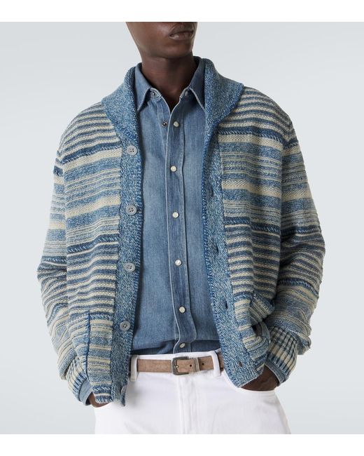 RRL Blue Striped Cotton And Linen Cardigan for men