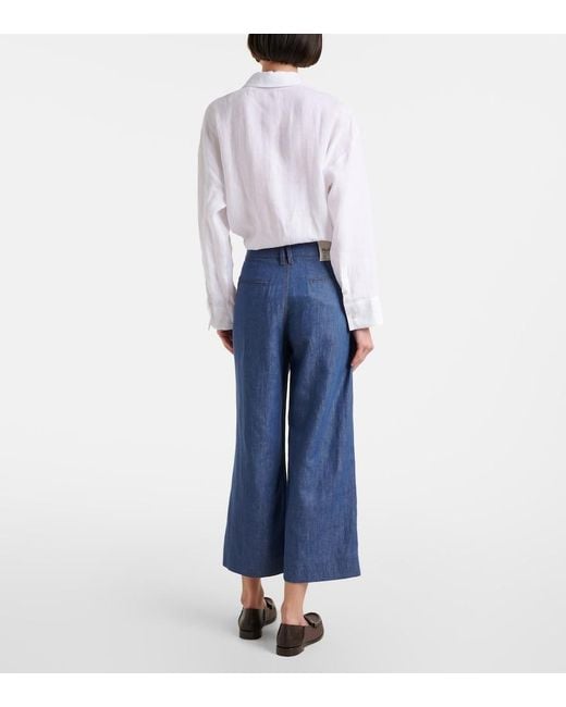 Max Mara Blue Dante Cotton And Linen Twill Wide-Leg Pants