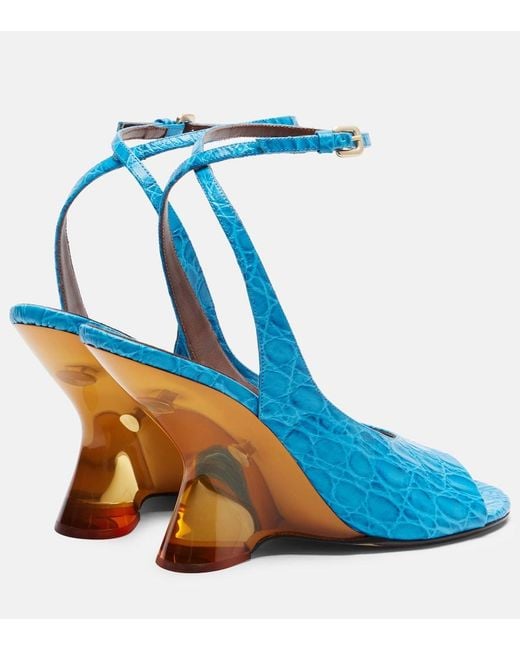 Dries Van Noten Blue Croc-Effect Leather Wedge Sandals