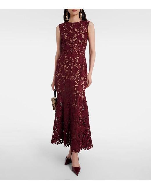Self-Portrait Red Floral Lace Midi Dress