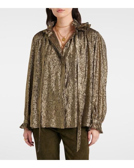 Chloé Brown Ruffled Lame Silk-Blend Blouse