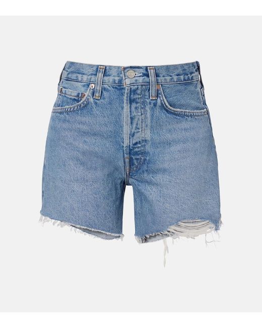 Agolde Blue Parker Long Distressed Denim Shorts