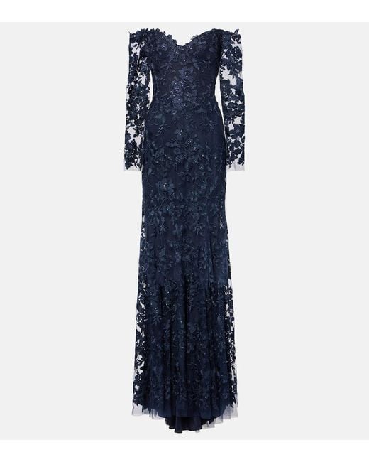 Monique Lhuillier Blue Bestickte Robe Aus Tuell