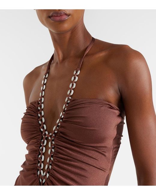 Adriana Degreas Brown Solid Chain Halterneck Swimsuit