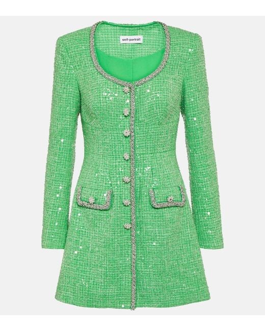 Self-Portrait Green Sequined Boucle Minidress